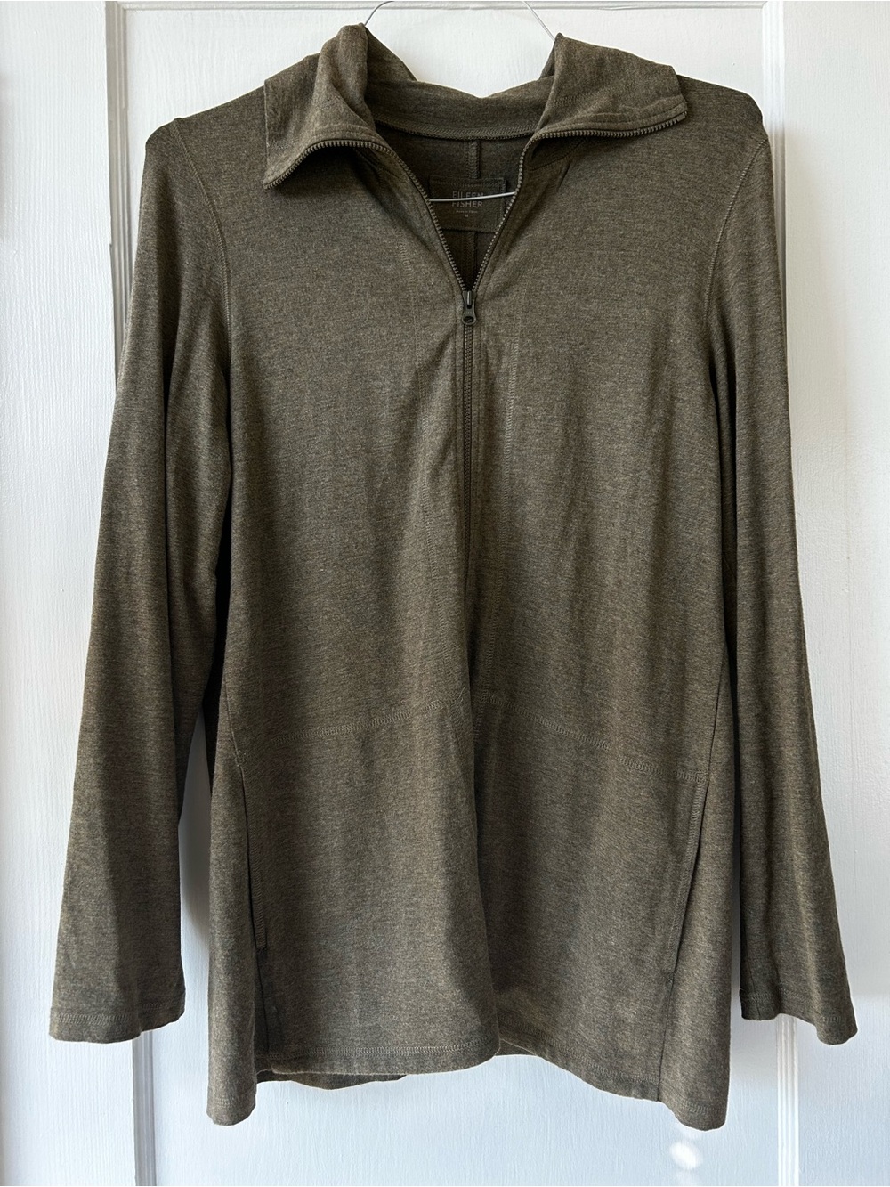 Eileen Fisher Olive Green Viscose Spandex Zip Up Tunic Jacket Size M